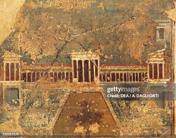 Roman civilization, 1st century A.D. Fresco depicting the facade of a villa. From ancient Stabiae, Italy.