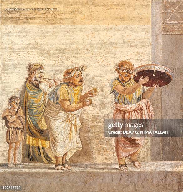 Italy, Campania, Pompeii, Villa del Cicerone, Street musicians, mosaic work signed by Dioskurides of Samos.