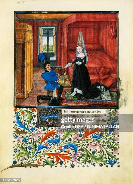 Italy, Dedication to a Lady, miniature from a French manuscript of the Book of Theseus by Giovanni Boccaccio .