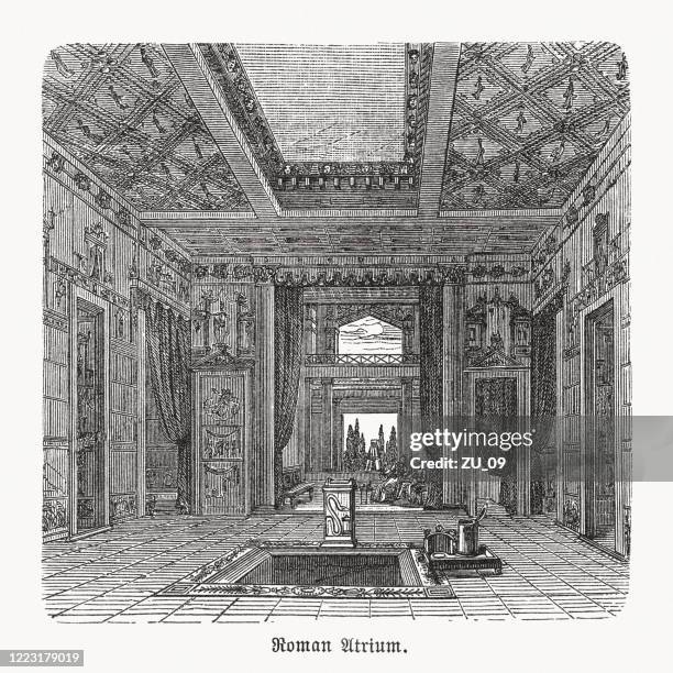 antikes römisches atrium, zentraler raum in einem haus, holzschnitt, 1893 - oberlicht stock-grafiken, -clipart, -cartoons und -symbole