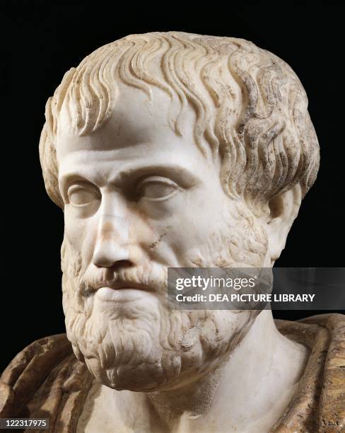 Roman civilization, 1st century A.D. Marble head of Aristotle . Copy of a Greek bronze original by Lysippus, 4th century b.C. Detail, face.