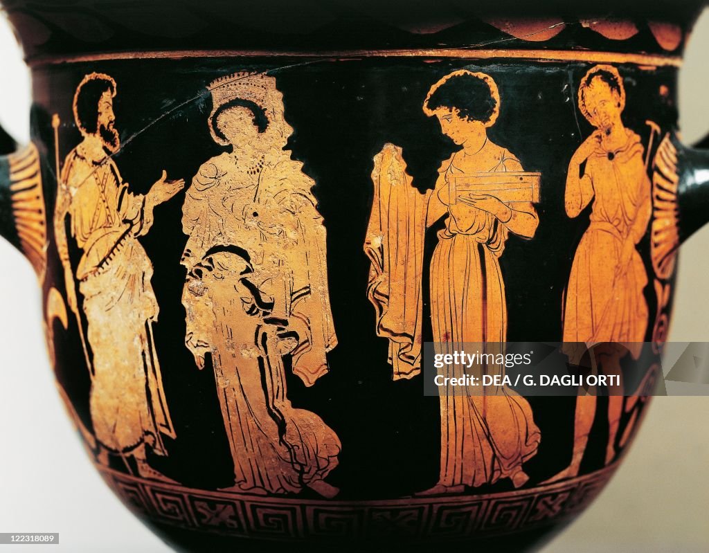 Bell krater by Dolon Painter, with scene from Euripides' play Medea: Medea gives mantle to Creusa, from Lucania, Italy