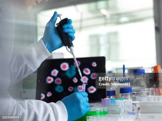 pharmaceutical research into infectious disease and pandemics, scientist pipetting a sample of a new drug formula into a vial during a clinical trial with the infectious disease on the computer screen - medical sample - fotografias e filmes do acervo