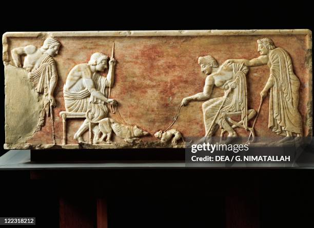 Greek Civilization, 6th century b.C. Stele depicting a fight between a dog and a cat, 510 b.C. Relief from the Kerameikos necropolis in Athens,...