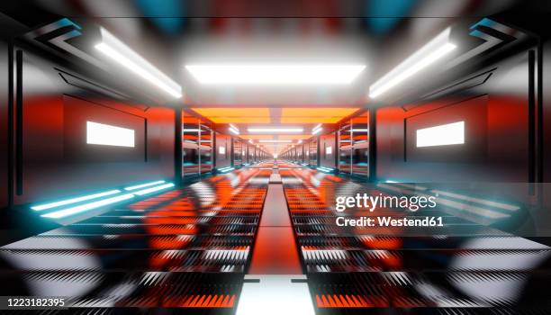 three dimensional render of neon colored futuristic corridor - inside space ship stock illustrations