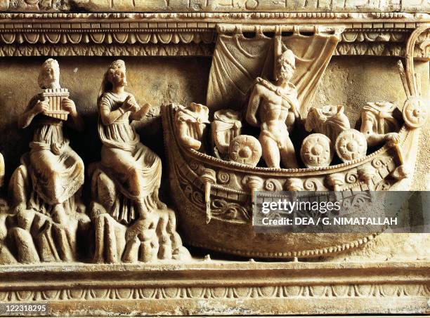 Etruscan civilization, 4th century b.C. Alabaster urn. Detail of relief depicting Ulysses and the Sirens.