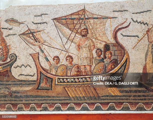 Roman civilization, 3rd century A.D. Mosaic depicting Ulysses and the Sirens' island, 260 A.D. From Thugga . Detail: Ulysses and his companions on...
