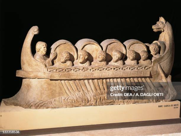 Roman civilization, 3rd century A.D. Relief portraying a ship from Moselle laden with wine, with boatmen and four wine barrels. From Neumagen,...