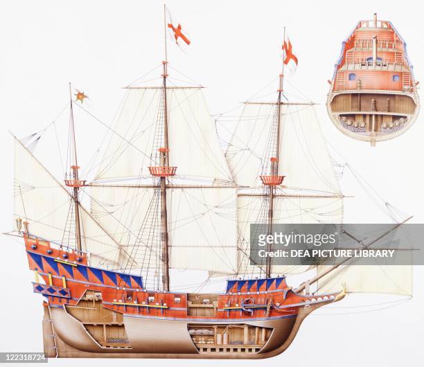 Marine transportation - English galleon Sir Francis Drake's Golden Hind , 17th century. Color illustration.