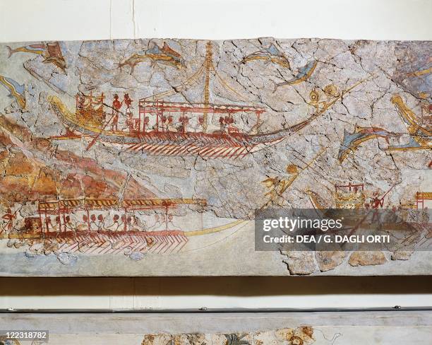 Greek civilization, 16th century b.C. Fresco depicting a ship procession. From Akrotiri, Thera Island, Santorini, Greece. Detail, ships.