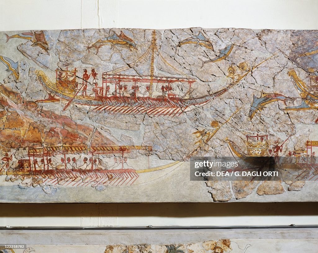 Greek civilization, fresco depicting ship procession, from Akrotiri, Thera Island, Santorini, Greece