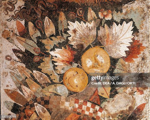 Roman civilization, 1st century A.D. Floor mosaic with an arrangement of leaves and fruit, from Pompeii.