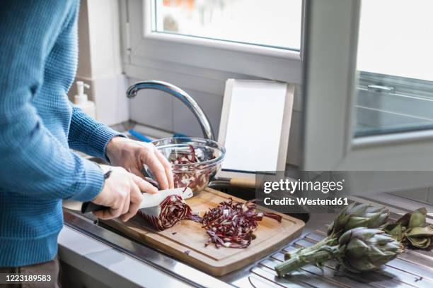 crop view of man preparing salad in his kitchen - radicchio stock pictures, royalty-free photos & images