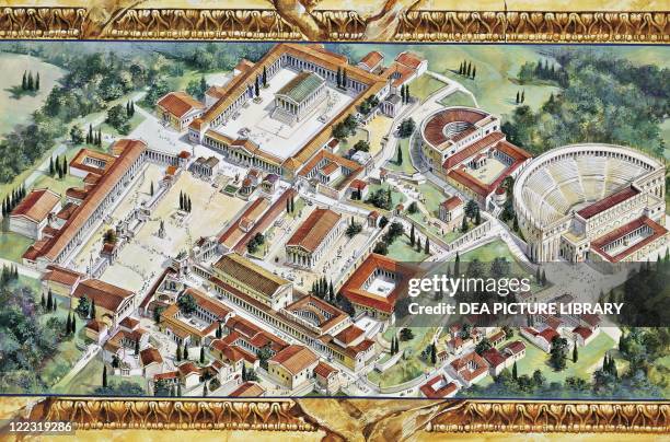 Archaeology - Greece. Corinth. Reconstructed agora, temple of Apollo and theater complex. Colour illustration.