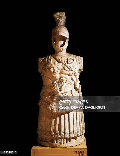 Roman civilization, 1st century b.C. Statue of Trophy of arms, with the parade armour of a Roman officer. From Rhodes, Greece.