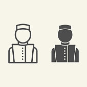 Concierge line and solid icon. Hotel porter symbol, outline style pictogram on beige background. Bellboy in uniform sign for mobile concept and web design. Vector graphics.