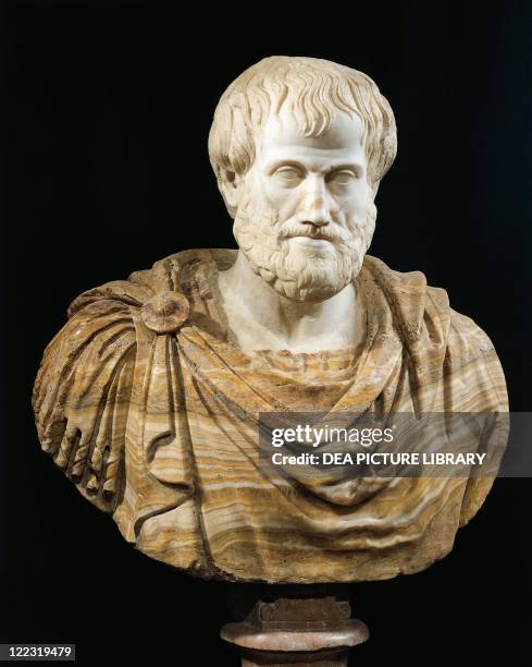 Roman civilization, 1st century A.D. Marble head of Aristotle . Copy of a Greek bronze original by Lysippus, 4th century b.C.