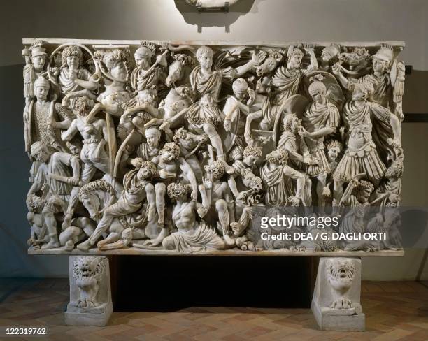 Roman civilization, 3rd century A.D. Grande Ludovisi sarcophagus, front marble relief depicting a battle between Romans and Ostrogoths, 260 circa.