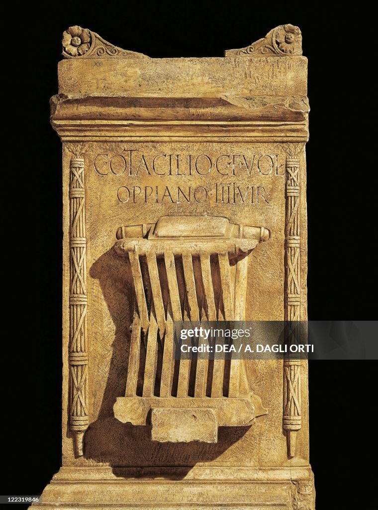 Roman civilization, Quaestor C, Otacilia Oppiano's cippus, relief showing folding seat (bisellum) specially reserved for magistrates, from Graveson, France