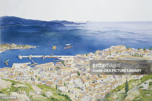 Archaeology - Greece. Delos. Reconstructed city and harbour. Colour illustration.