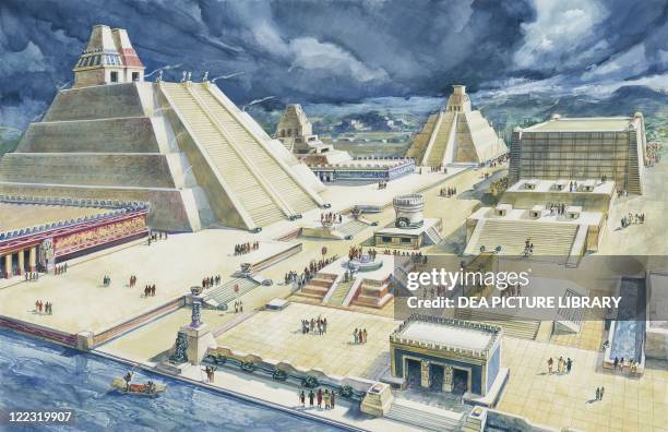 Aztec Civilization, 15th century - Mexico. Reconstructed central Tenochtitlán square and Templo Mayor. Color illustration.