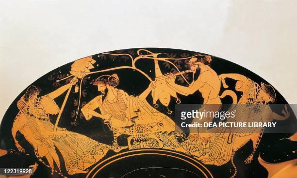 Greek civilization, 6th century b.C. Red-figure pottery. Bowl by The Painter of Brygos. Portraying Dionysus and Silenus.