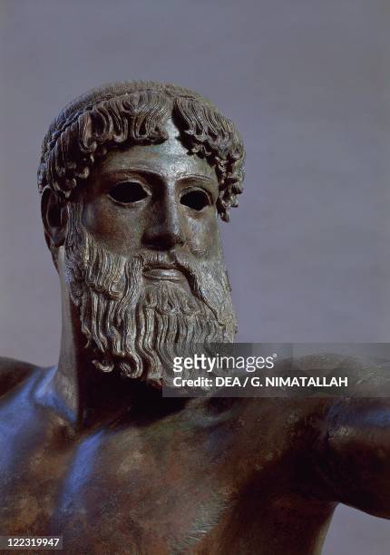 Greek civilization, 5th century b.C. Bronze statue of Zeus or Poseidon known as Artemision Bronze. From Cape Artemision, Greece. Detail.