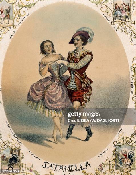 The ballet dancers, Marie Taglioni and Charles Muller performing La Satanella , color engraving.