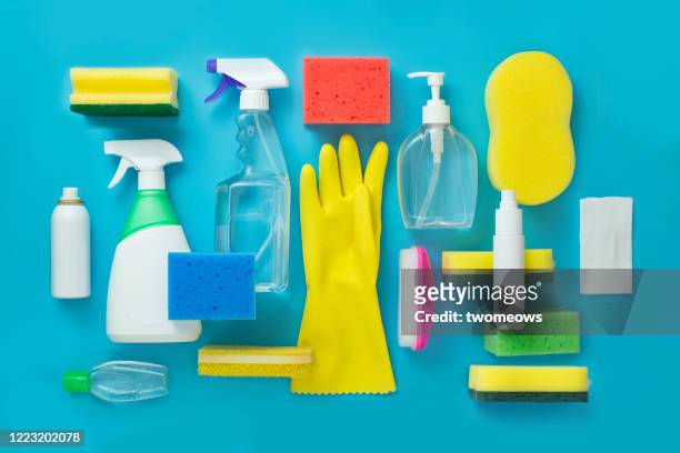 covid 19 medical and disinfection cleaning products. - reinigungsmittel stock-fotos und bilder