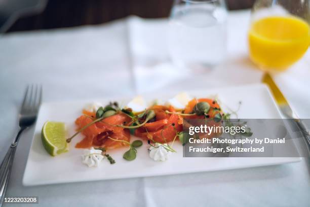 airline business class smoked salmon - plane food stock pictures, royalty-free photos & images