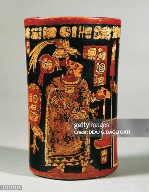 Maya civilization. Cylindrical vase with hieroglyphic text and dignitary. From Tikal.