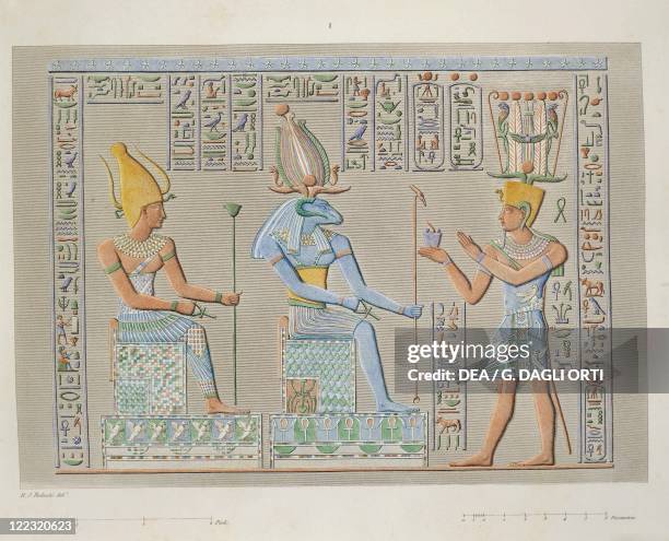 Egyptian civilization. Reproduction of the reliefs of the Great Temple at Philae , depicting the pharaoh before two deities . Engraving from the...