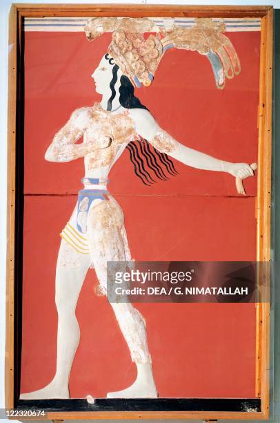 Minoan civilization, 16th century b.C. Fresco known as the 'Prince of the Lilies', from the Palace of Knossos, Crete, Greece.