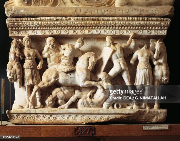 Etruscan civilization, 4th century b.C. Alabaster funerary urn with relief of the fight between the Gauls and the Romans.
