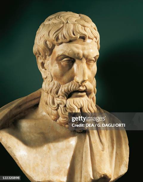 Bust of Epicurus , Greek philosopher, founder of the school known as the Garden , marble.