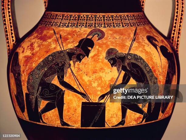 Greek civilization, 6th century b.C. Black-figure pottery. Attic amphora by Exekias. Detail: Achilles and Ajax play dice.
