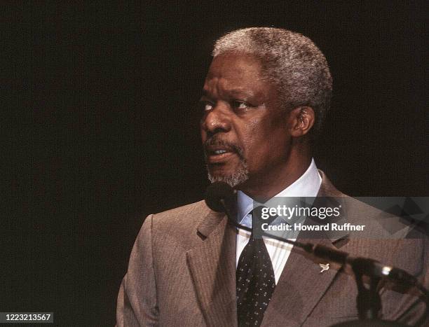 Ghanaian diplomat and Secretary-General of the United Nations Kofi Annan speaks during the Hague Appeal for Peace conference, the Hague, Netherlands,...