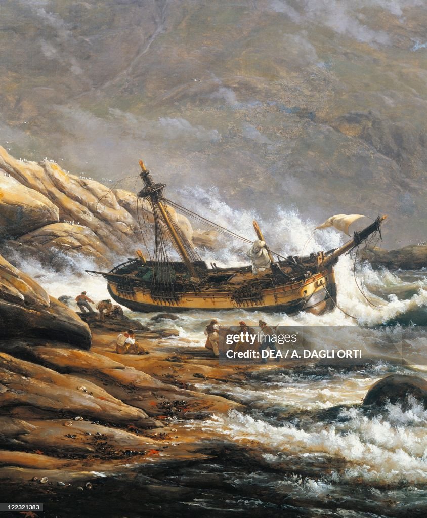 Norway, painting of Shipwreck in a Norwegian fjord