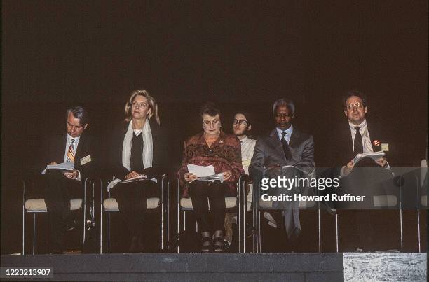 View of dignitaries seated onstage during the Hague Appeal for Peace conference, the Hague, Netherlands, May 11- 15, 1999. Among those pictured are...