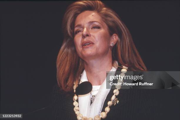 Close-up of Queen Noor of Jordan as she speaks during the Hague Appeal for Peace conference, the Hague, Netherlands, May 11- 15, 1999. The conference...