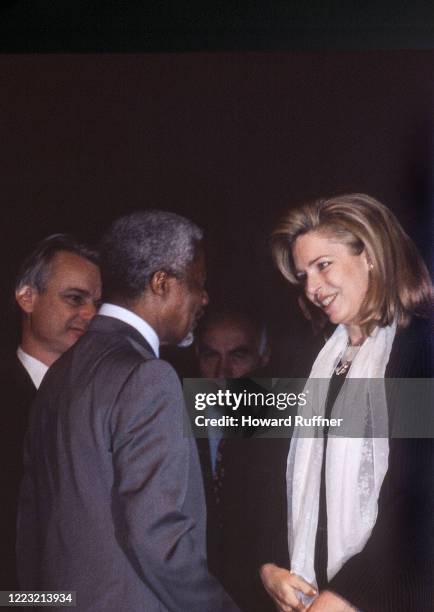 Ghanaian diplomat and Secretary-General of the United Nations Kofi Annan speaks with Queen Noor of Jordan during the Hague Appeal for Peace...