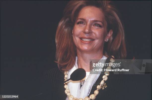 Close-up of Queen Noor of Jordan as she speaks during the Hague Appeal for Peace conference, the Hague, Netherlands, May 11- 15, 1999. The conference...