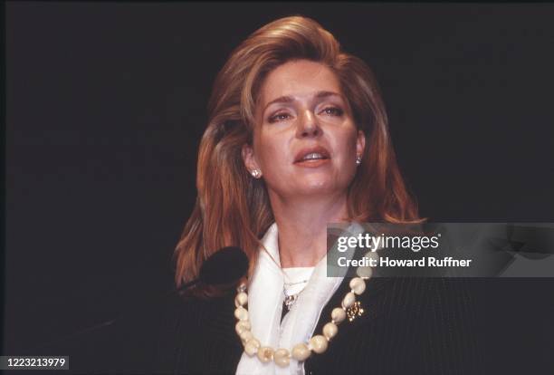 Close-up of Queen Noor of Jordan as she speaks during the Hague Appeal for Peace conference, the Hague, Netherlands, May 11- 15, 1999. The conference...