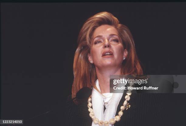 Close-up of Queen Noor of Jordan as she speaks during the Hague Appeal for Peace conference, the Hague, Netherlands, May 11- 15, 1999. The conference...