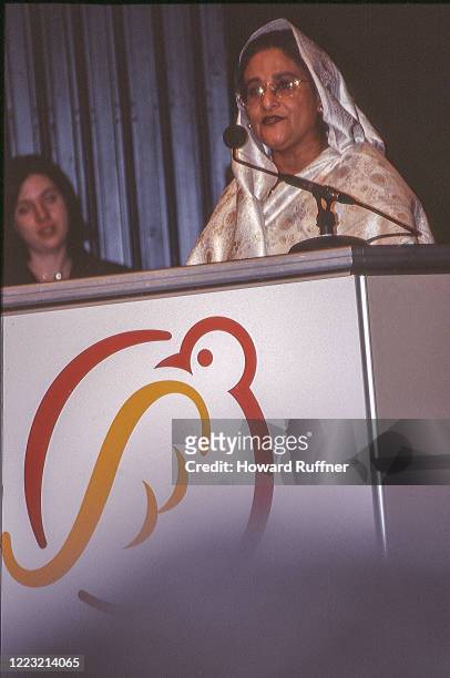 Prime Minister of Bangladesh Sheikh Hasina Wajed speaks during the Hague Appeal for Peace conference, the Hague, Netherlands, May 11- 15, 1999. The...