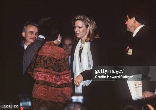 Queen Noor of Jordan speaks with Ghanaian diplomat and Secretary-General of the United Nations Kofi Annan and President of the Hague Appeal for Peace...