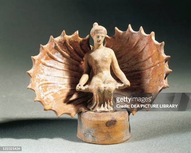 Greek civilization, 4th century b.C. Goddess Aphrodite born from the sea in a shell, terracotta sculpture.