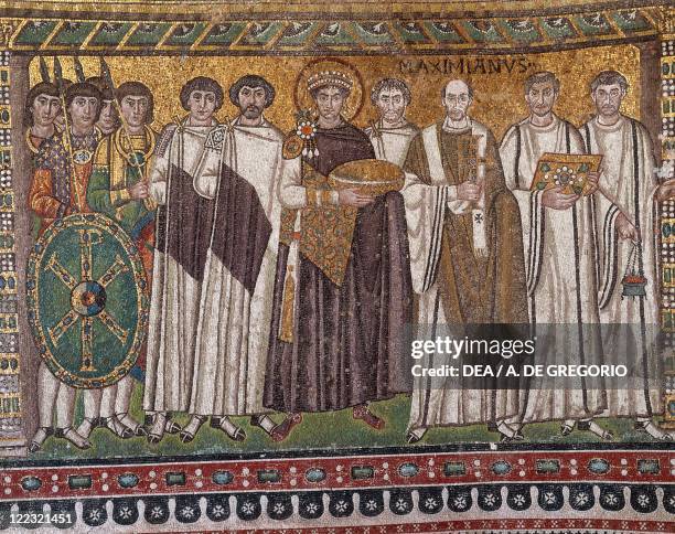 Italy, Emilia Romagna Region, mosaic depicting emperor Justinian and followers.