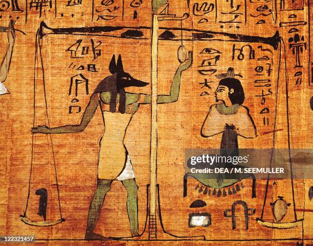 Egyptian civilization. Papyrus from 'The Book of The Dead': Anubi during the weighing of the souls .