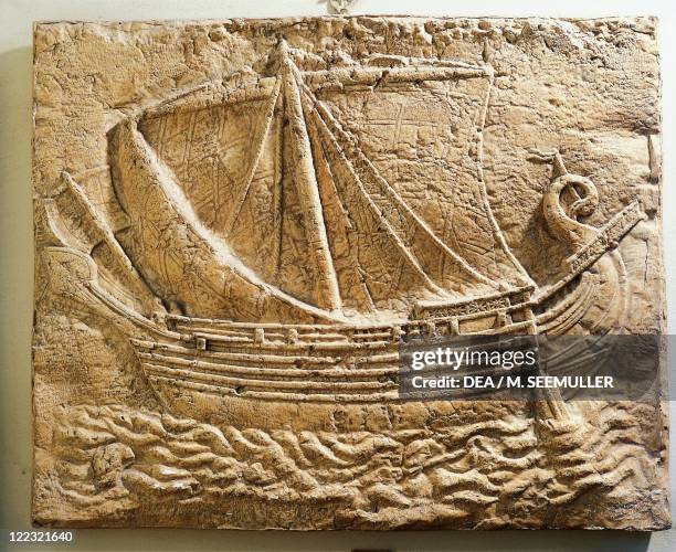 Phoenician civilization, 4th century b.C. Relief portraying a Phoenician merchant ship.